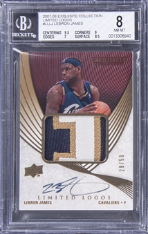 2007-08 UD "Exquisite Collection" Limited Logos #LL-LJ LeBron James Signed Game Used Patch Card (#28/50) – BGS NM-MT 8/BGS 9